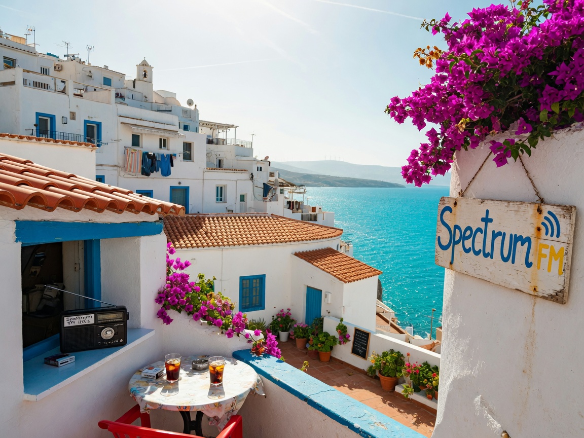 A whitewashed hilltop village on the Costa Almeria coast with a Spectrum FM sign on a bougainvillea-covered wall