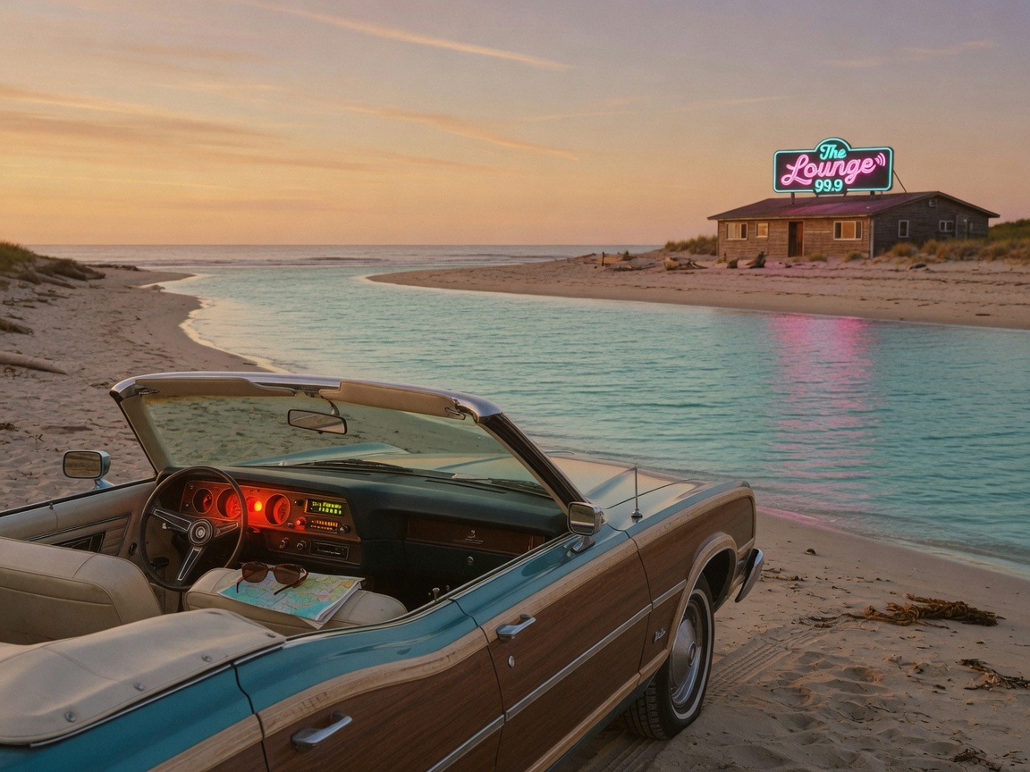 A peaceful sandy beach on Vancouver Island at golden hour with a vintage car parked near the shore and a retro neon sign reading The Lounge 99.9
