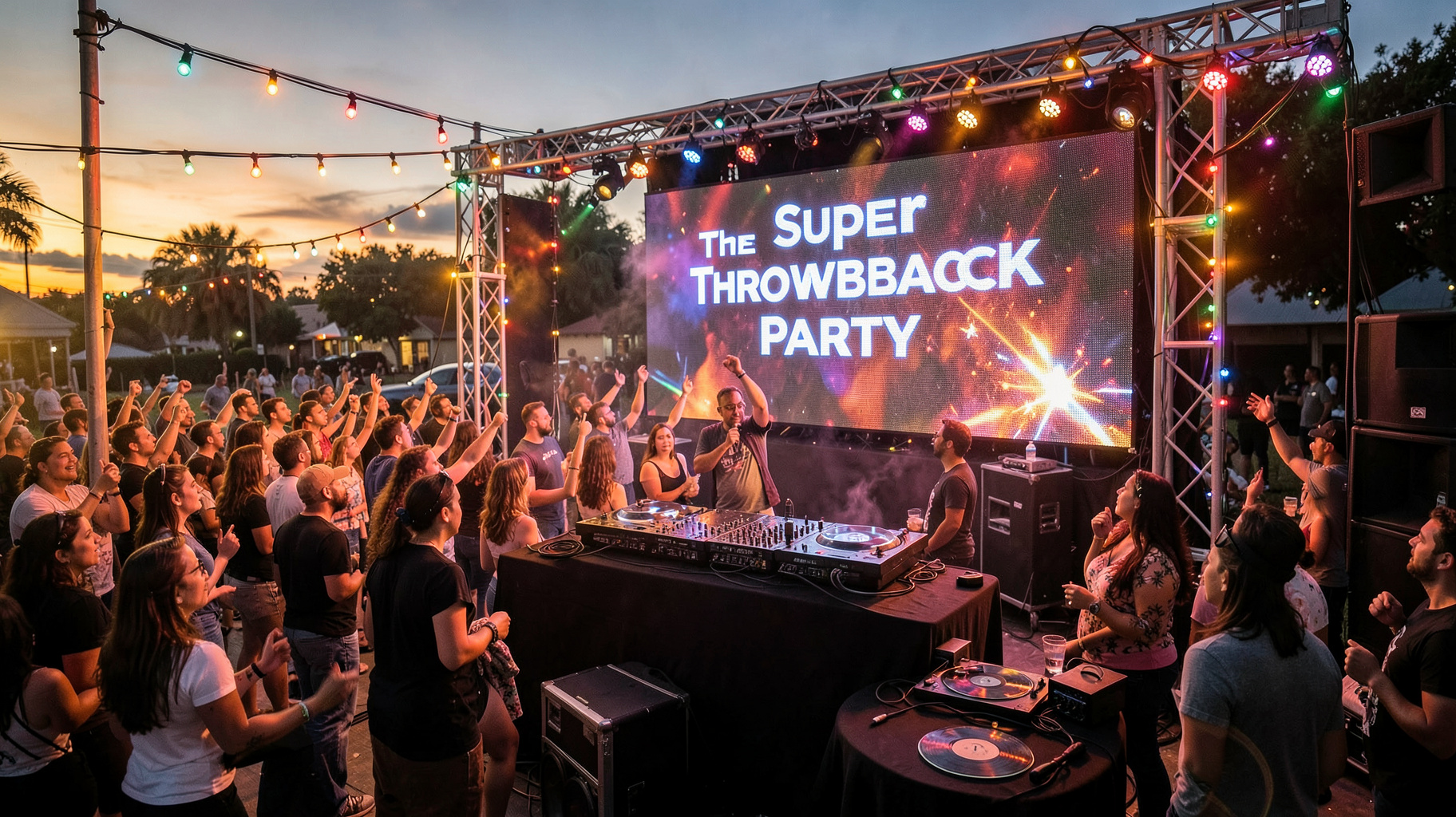 A vibrant Houston block party at dusk with a DJ booth and a sign reading The Super Throwback Party