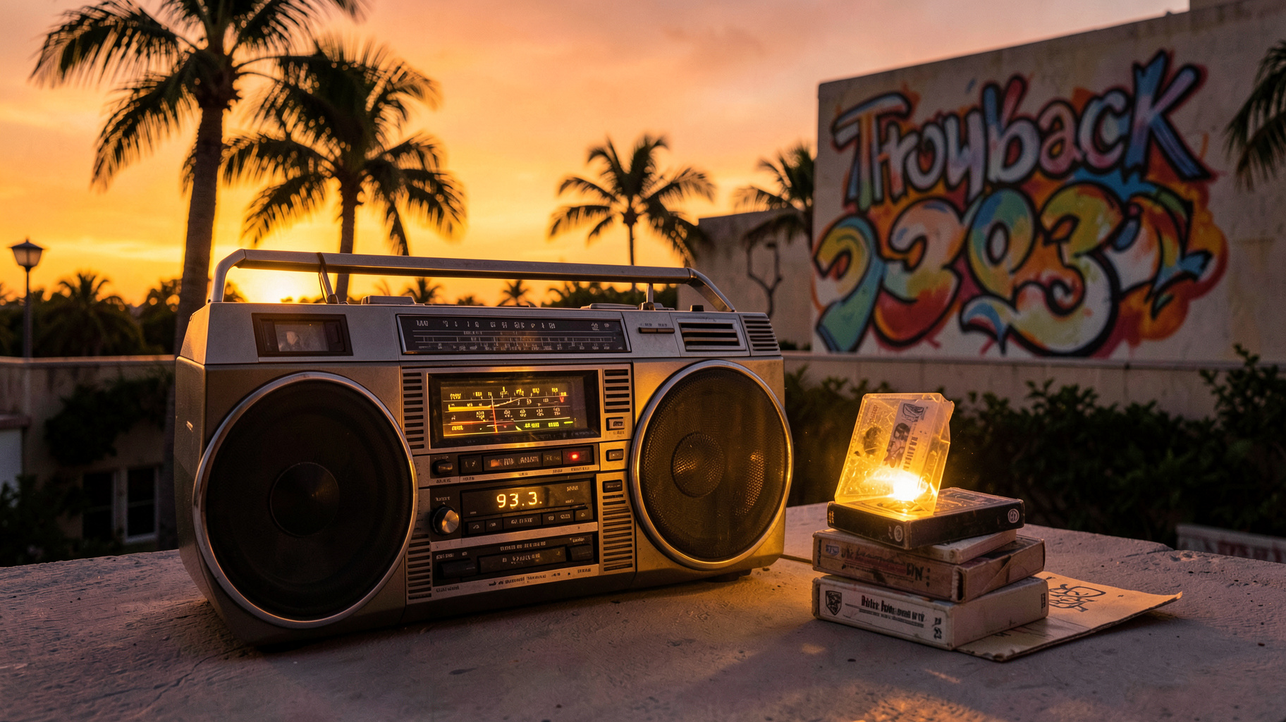 A retro boombox glowing at sunset on a Palm Beach rooftop with a mural reading Throwback 93.3
