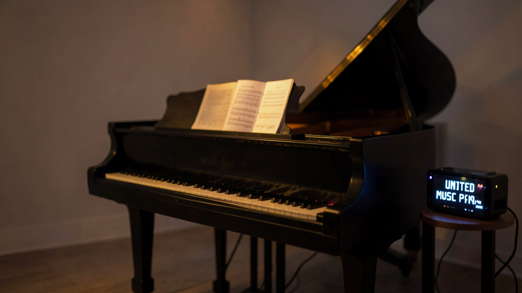 Solitary grand piano in soft golden light with a United Music Piano display screen nearby