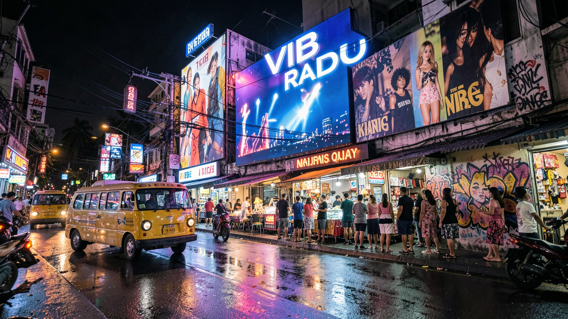 Vibrant Manila street at night with a digital billboard reading Vibe Radio