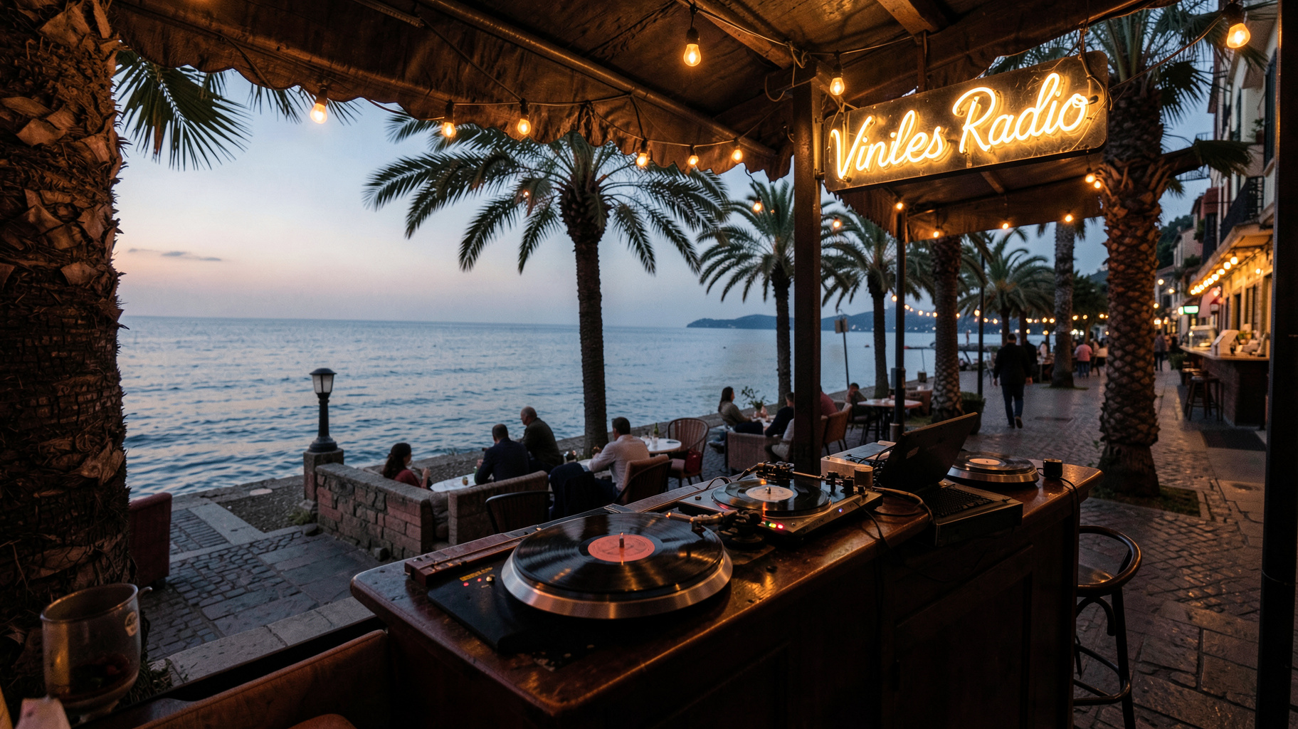 An Italian seafront record lounge at dusk with a turntable on the bar and a neon sign reading Viniles Radio