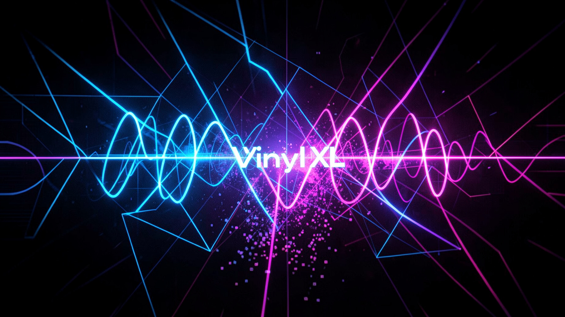 Abstract new wave visualization with glowing geometric shapes and a Vinyl XL label