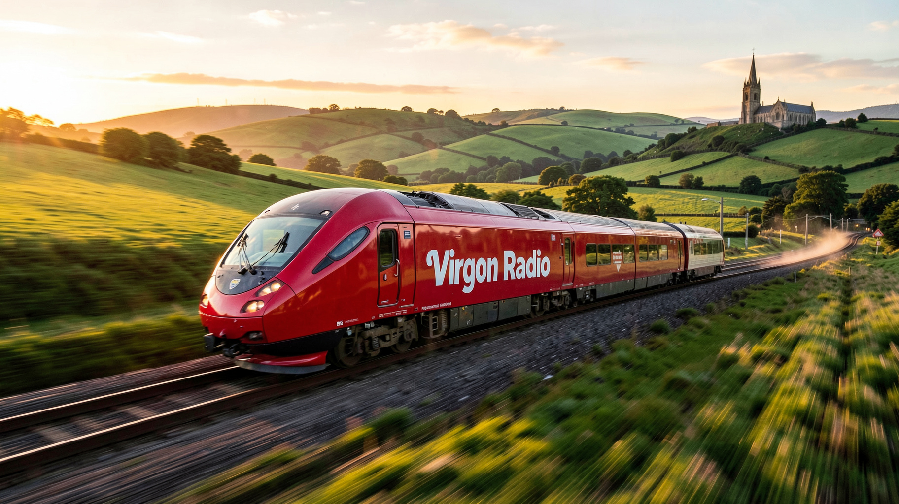 A red high-speed train speeding through the English countryside at sunset with lettering reading Virgin Radio