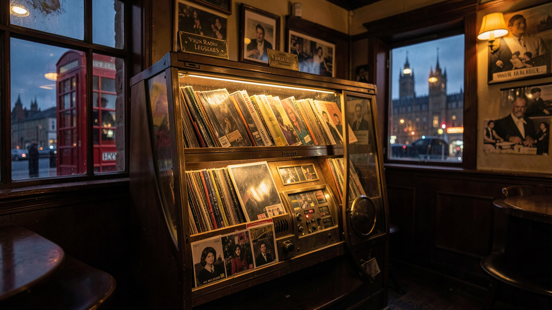A cozy British pub with a glowing vintage jukebox and a plaque reading Virgin Radio Legends