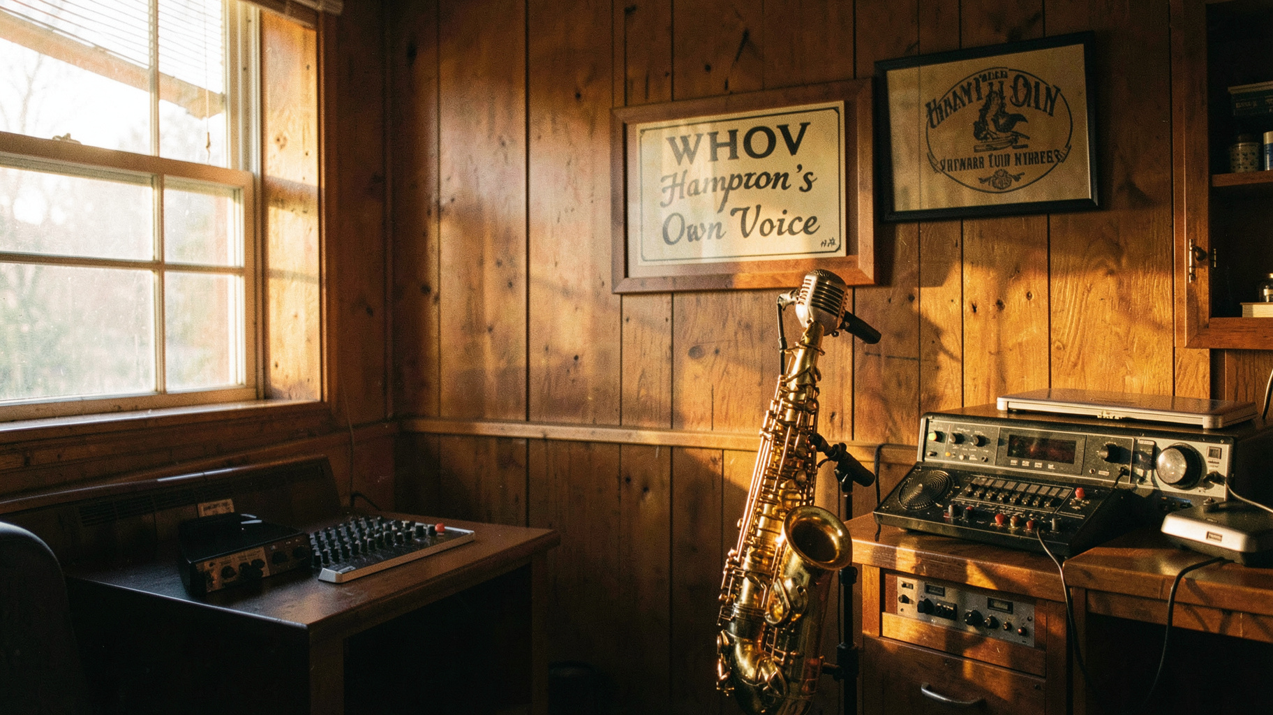 A vintage college radio control room with a saxophone and a sign reading WHOV Hampton