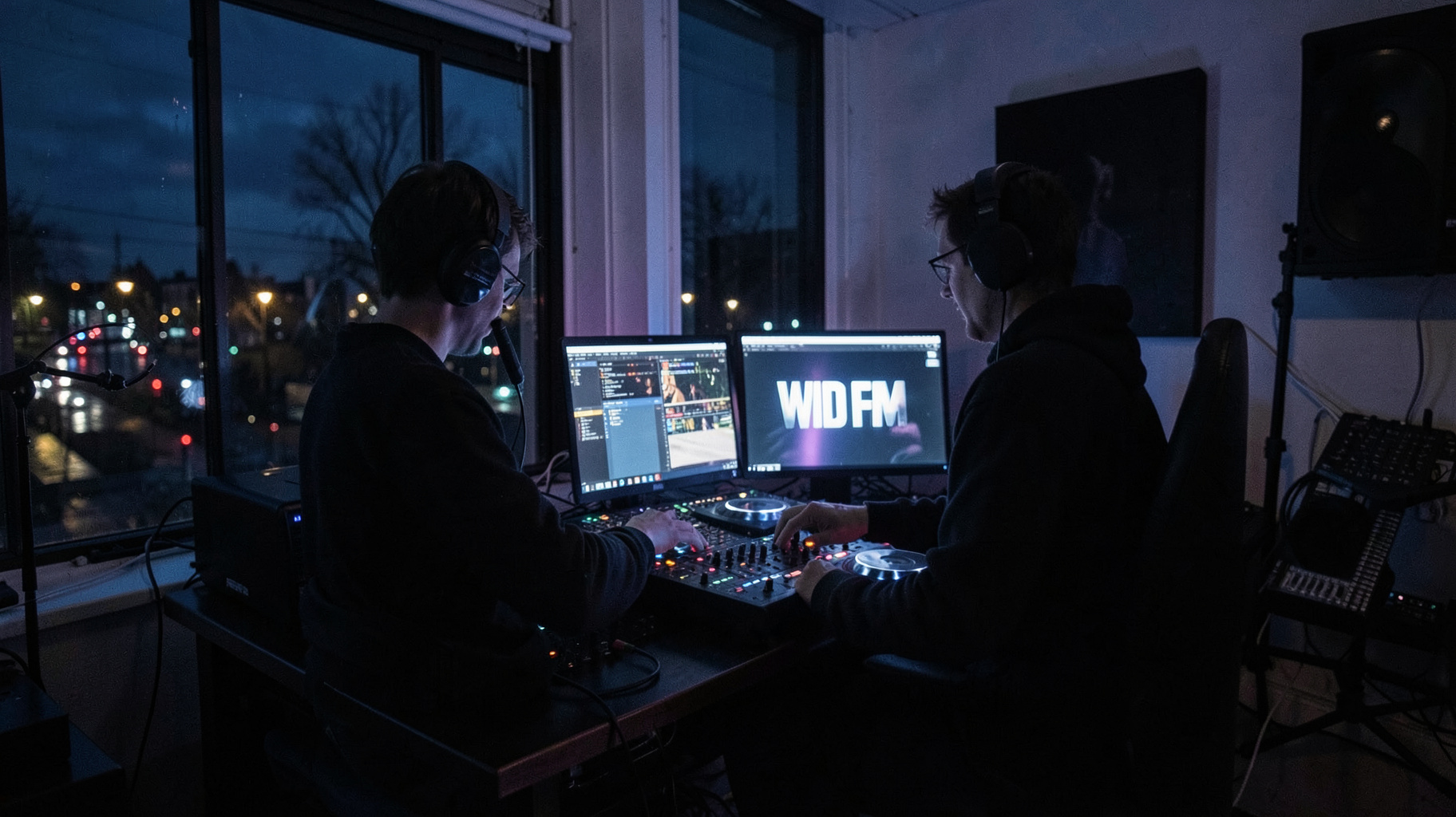 A small independent internet radio studio in Amsterdam at night with a screen reading WILD FM