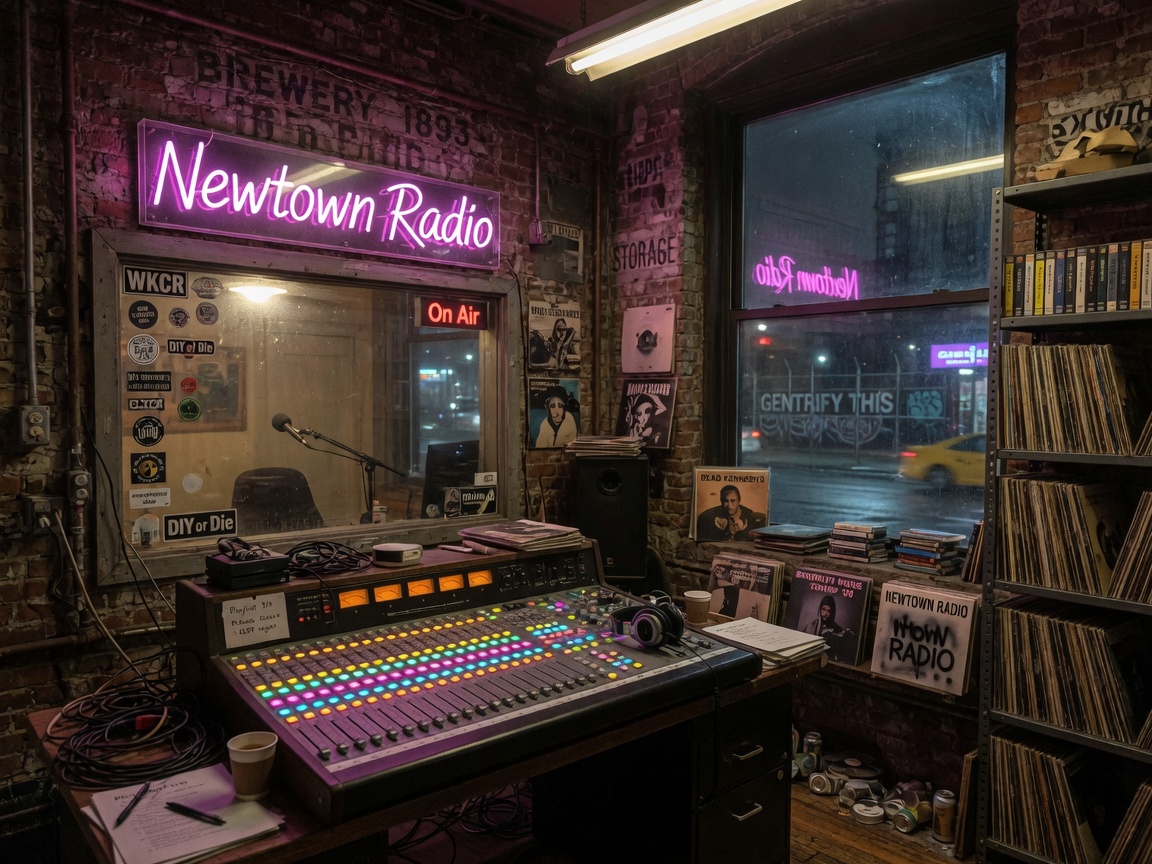 Independent radio studio in a converted Brooklyn brewery with a Newtown Radio neon sign