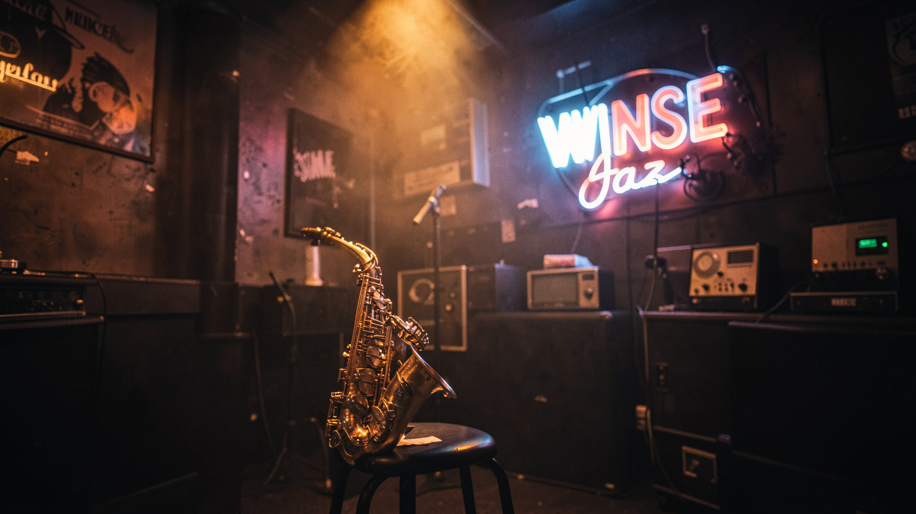 A smoky jazz club with a saxophone under a spotlight and a neon sign reading WMSE Jazz