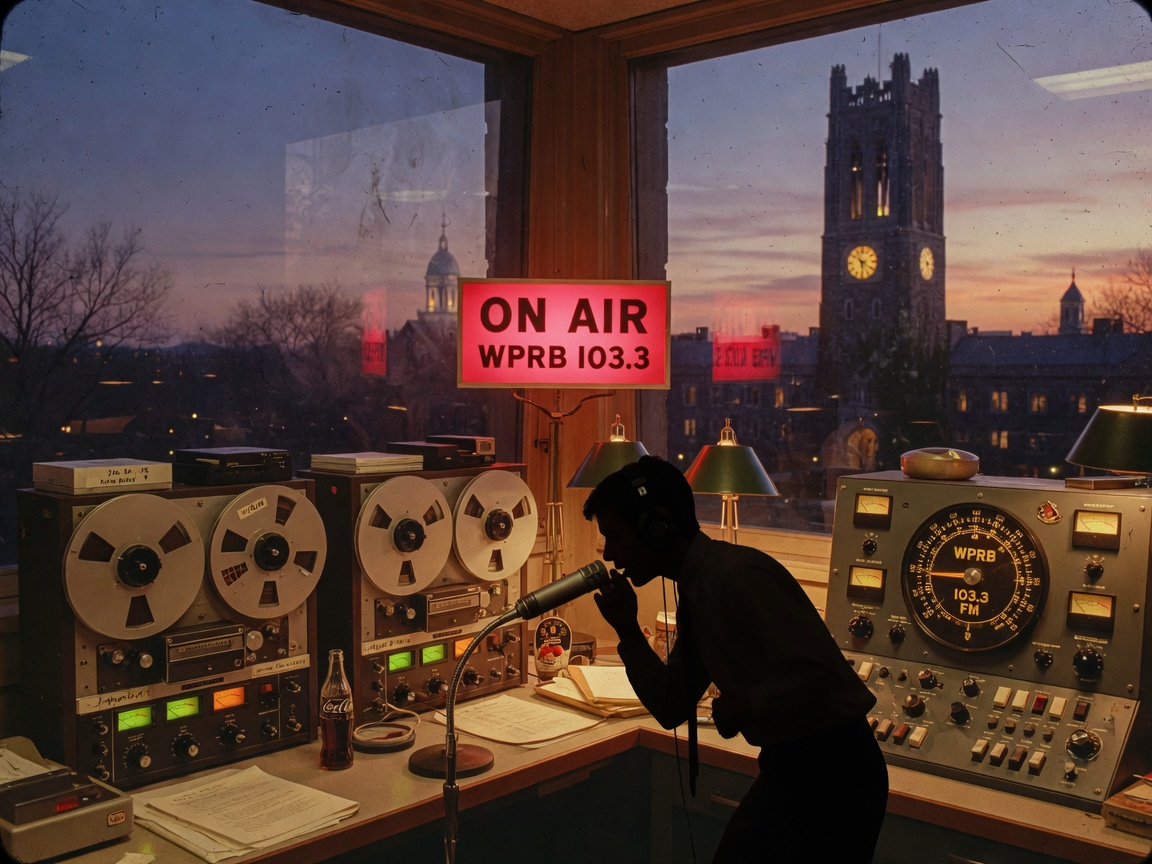A vintage college radio studio at dusk with Princeton's Holder Tower visible through the window and a glowing WPRB 103.3 sign