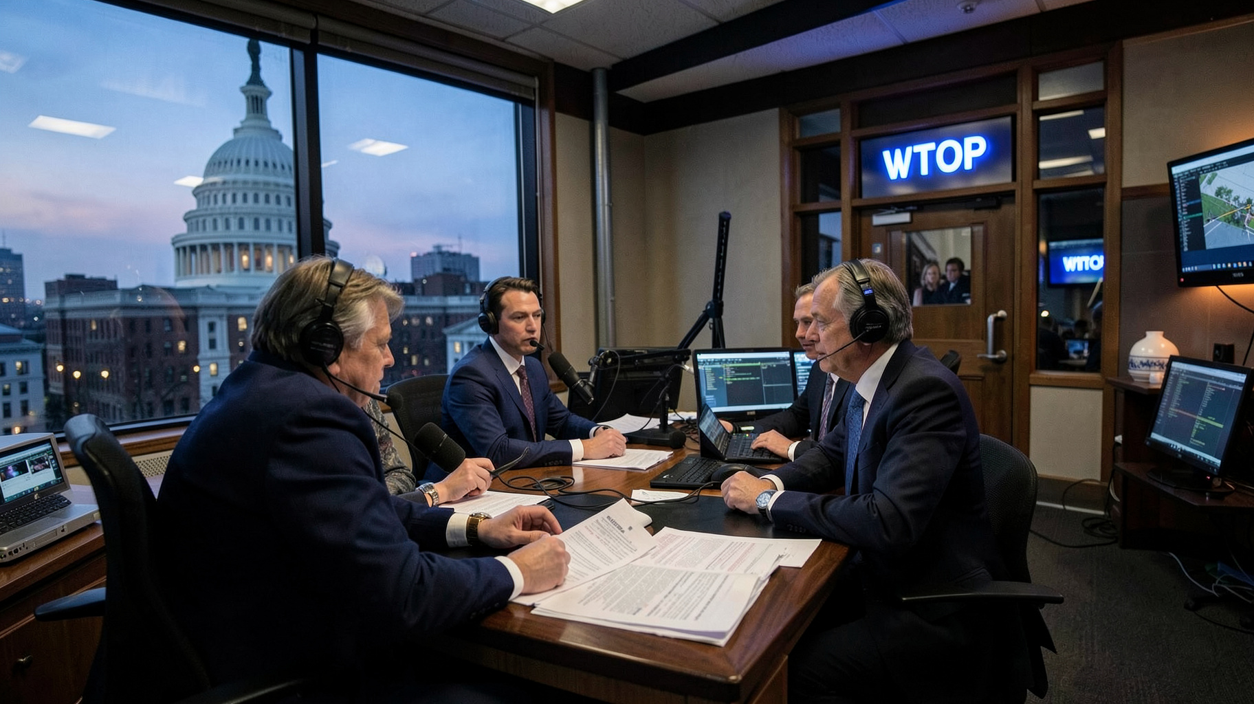 A busy all-news radio newsroom in Washington DC with the Capitol dome visible and a sign reading WTOP