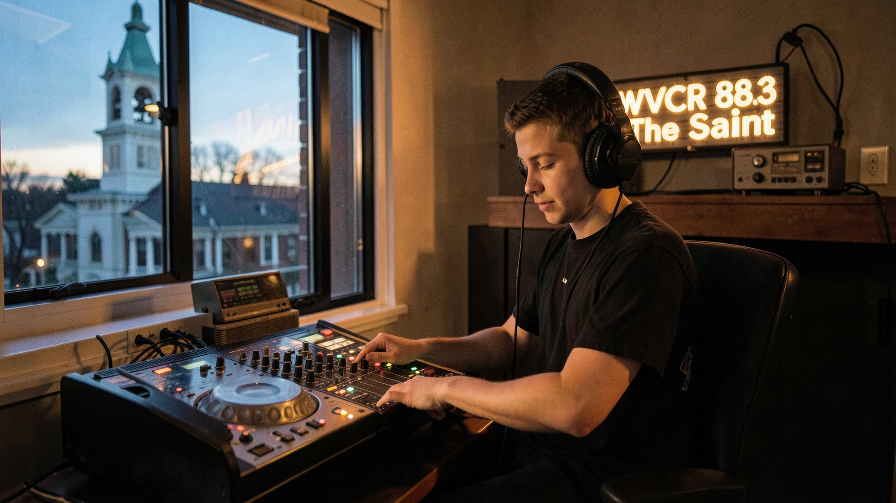 A college radio booth at dusk with a student DJ at the mixing board, a vintage carrier-current transmitter on a shelf, and a sign reading WVCR 88.3 The Saint
