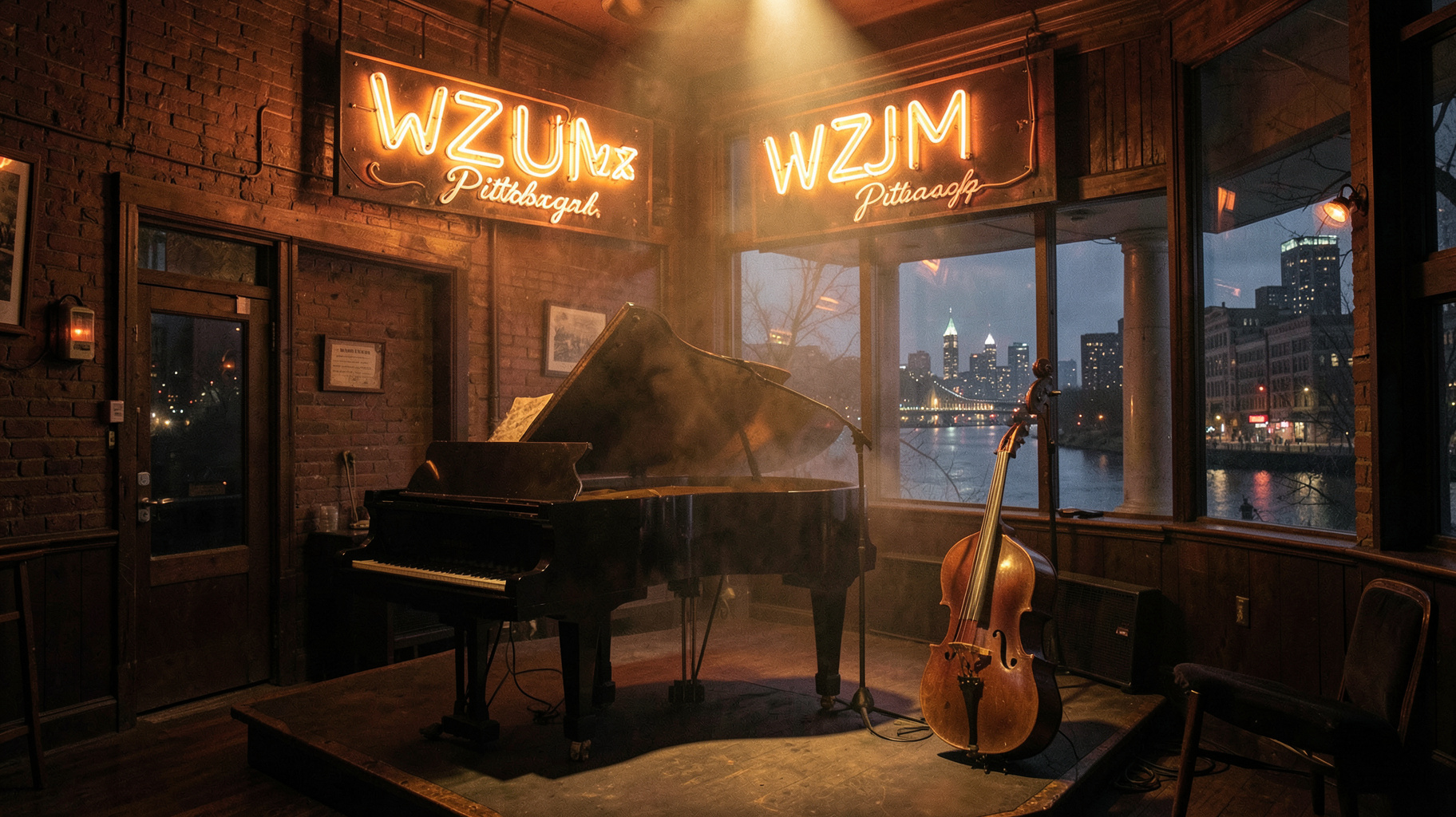 A smoky jazz club in Pittsburgh's Hill District with a grand piano on stage and a glowing WZUM Jazz Pittsburgh marquee sign