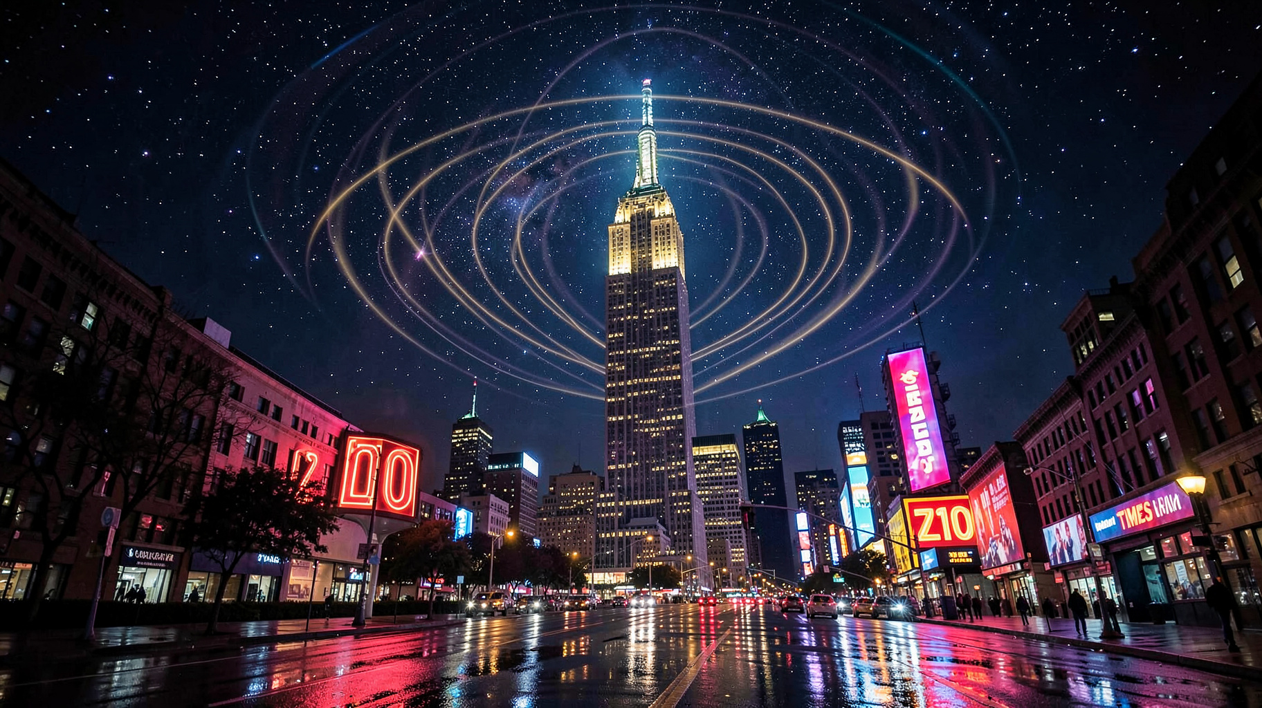 The Empire State Building at night with glowing radio waves and a neon sign reading Z100