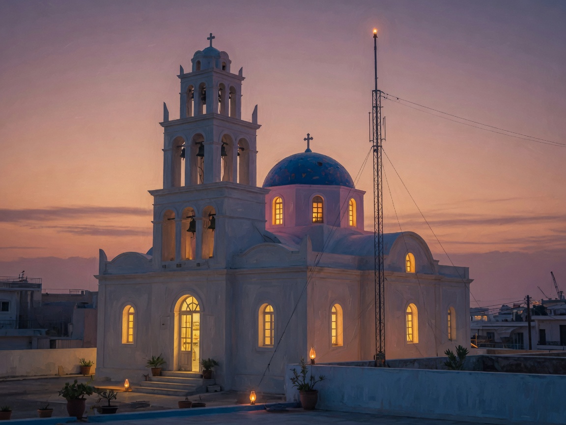 A serene Greek Orthodox church at dusk with a glowing radio antenna beside the bell tower, representing Πειραϊκή Εκκλησία radio