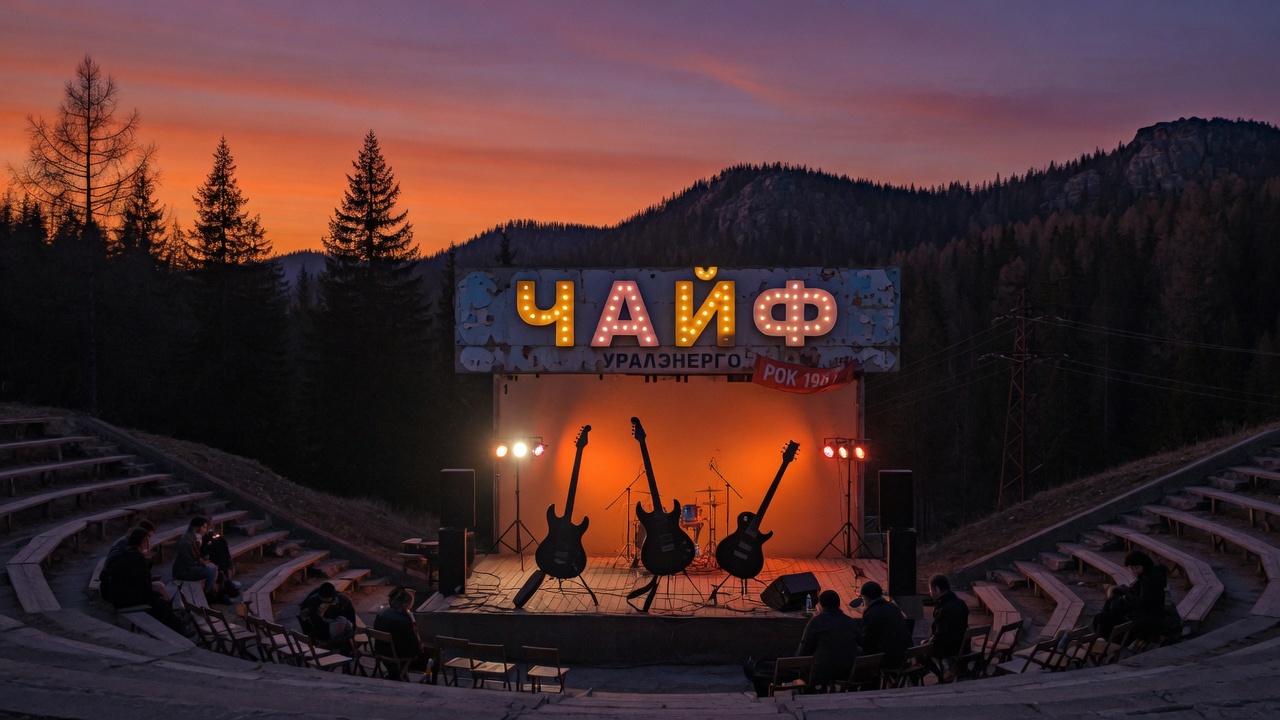 A rock concert stage in the Ural Mountains at dusk with a Chaif marquee sign glowing in the evening light