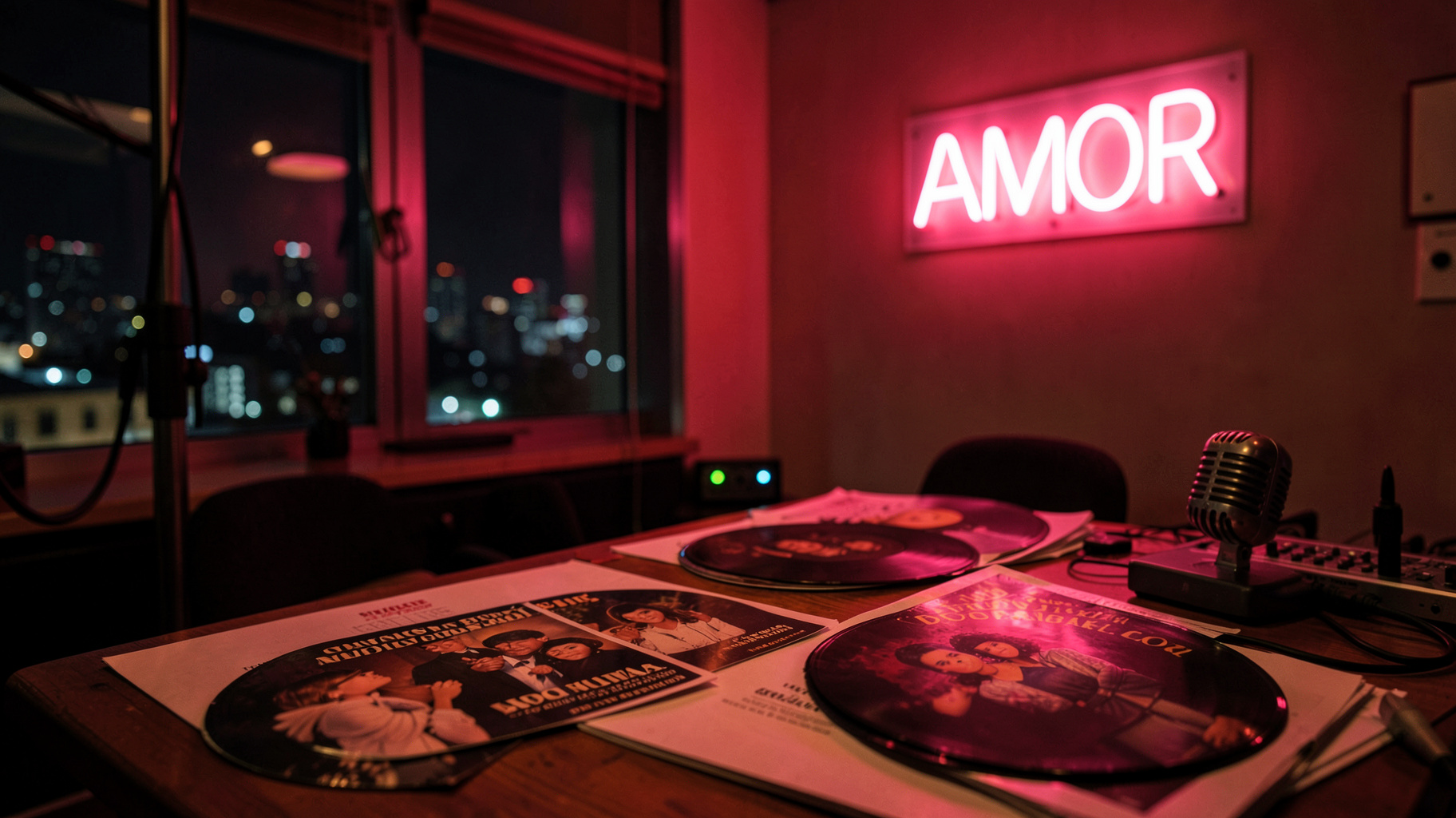 A warm intimate radio studio at night in Mexico City with a glowing sign reading AMOR
