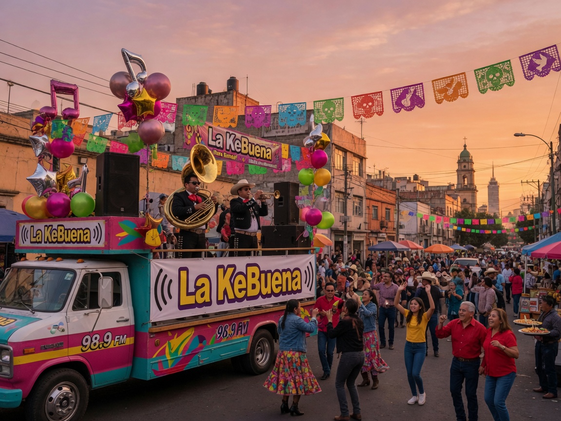 A festive radio caravan and crowd celebrating banda music in a Mexico City street