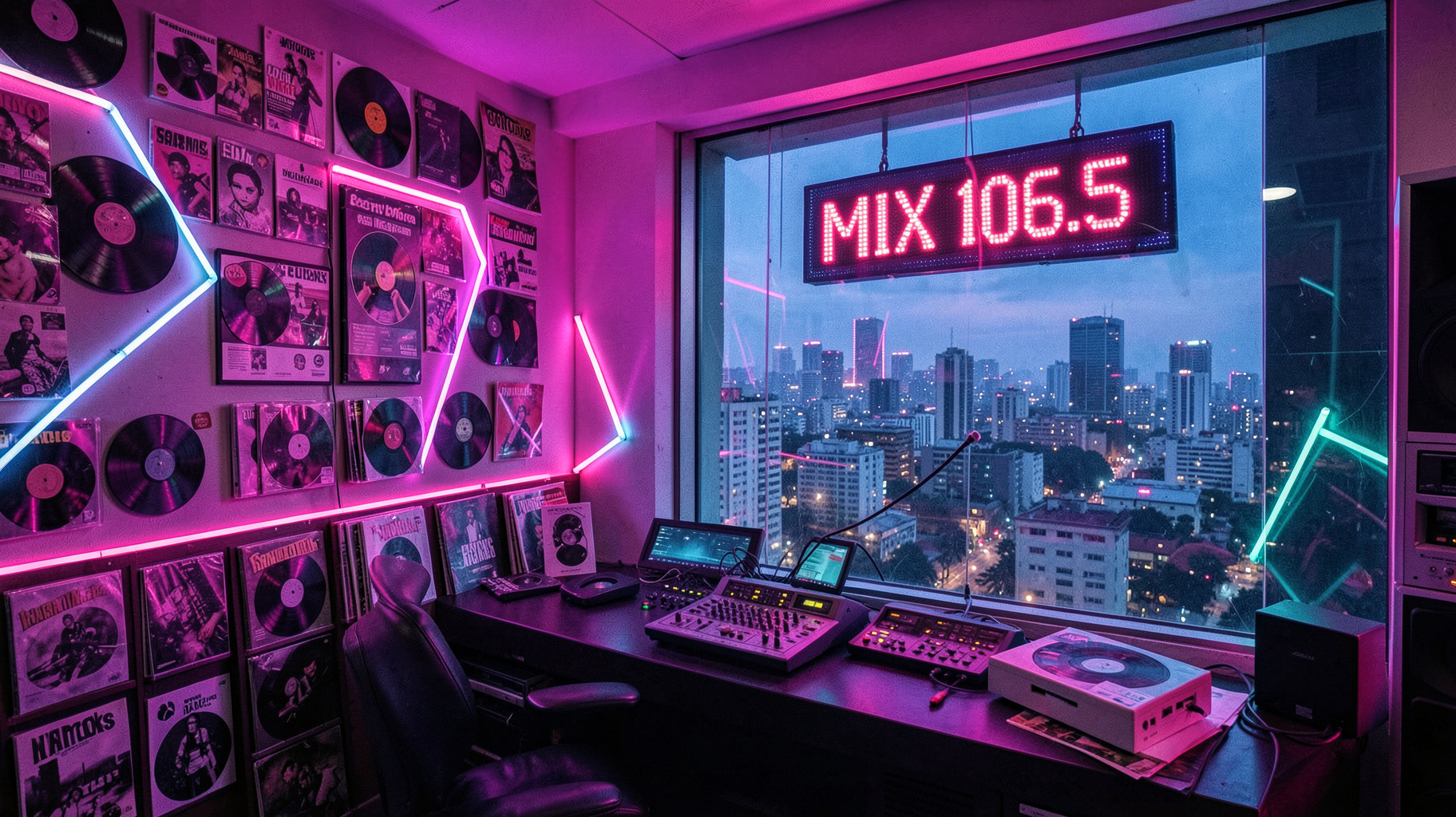 A vibrant retro Mexico City radio studio with a sign reading MIX 106.5
