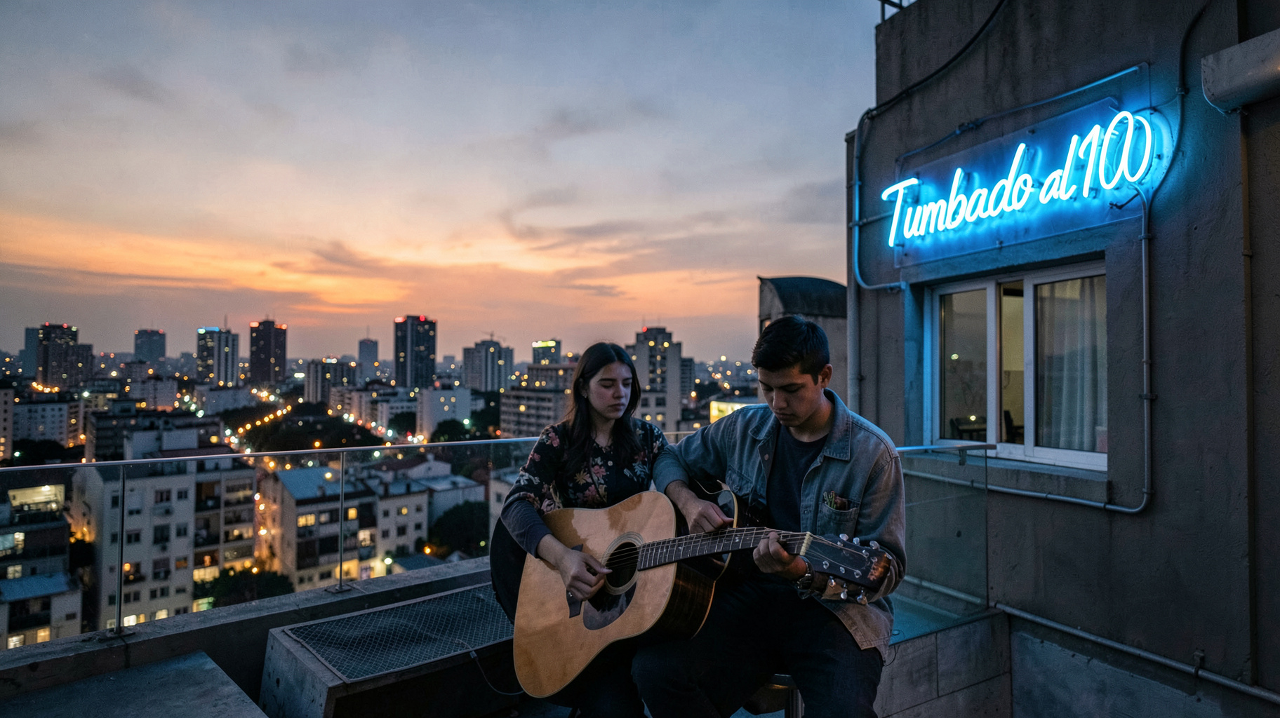 A Mexico City rooftop at dusk with a neon sign reading Tumbado al 100