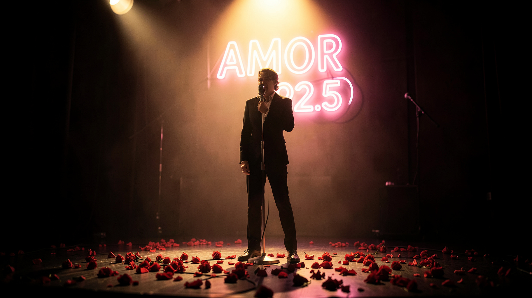 A romantic silhouette of a bolero singer under warm spotlight with a neon sign reading AMOR 92.5, inspired by AMOR 92.5 Toluca radio station