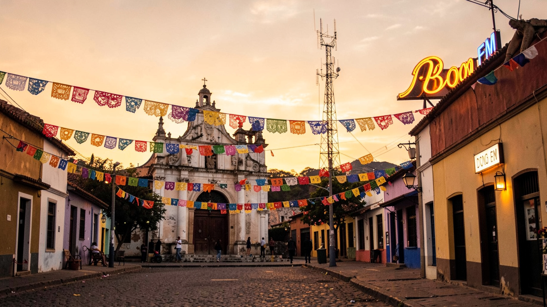 The colonial Santo Domingo temple in Comitán at sunset with a radio tower and a Boom FM sign