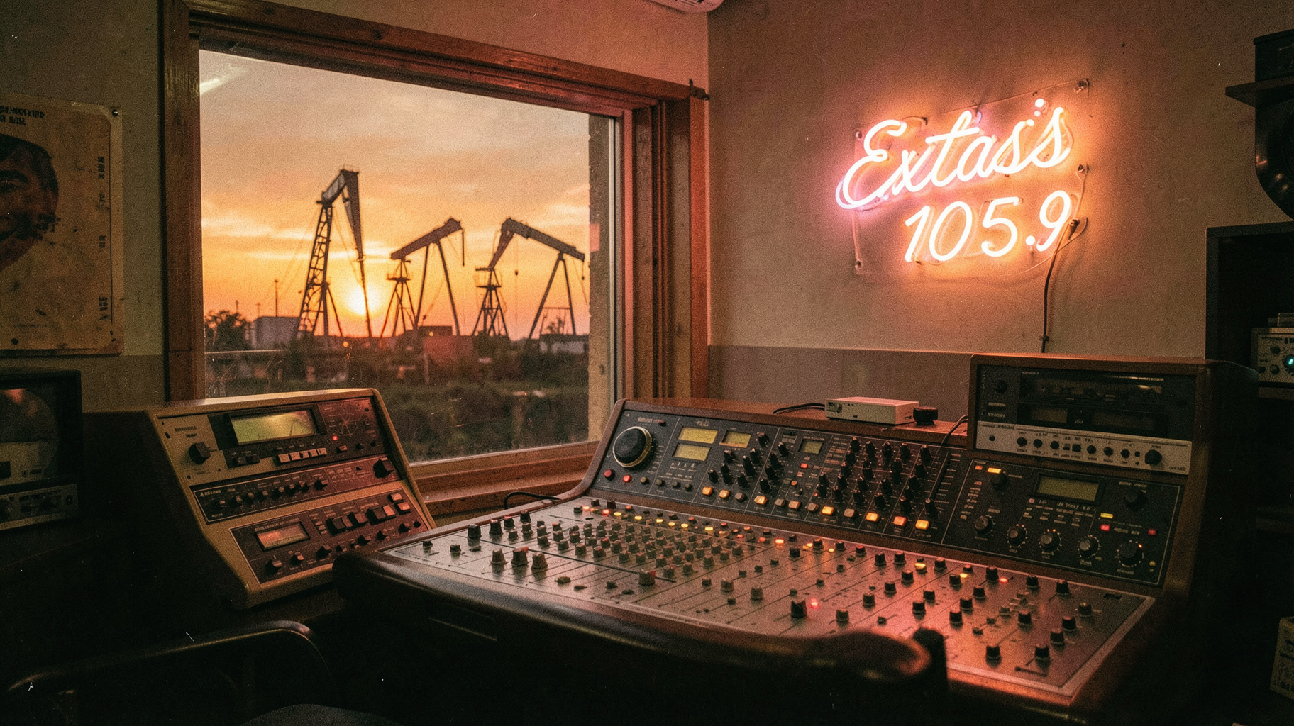 A retro 1980s radio studio in Poza Rica with oil derricks visible at sunset and a sign reading Extasis Digital 105.9