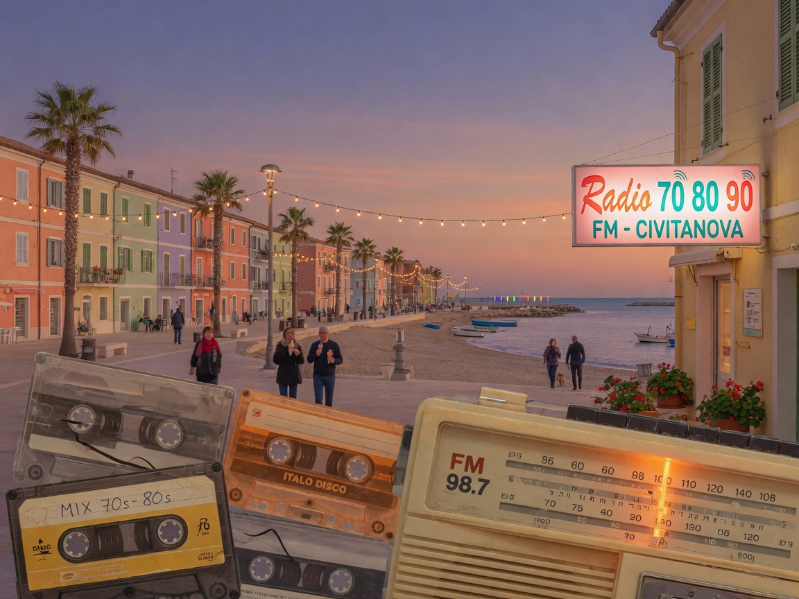 A warm evening view of the Adriatic coastline with a seaside sign reading Radio 70 80 90