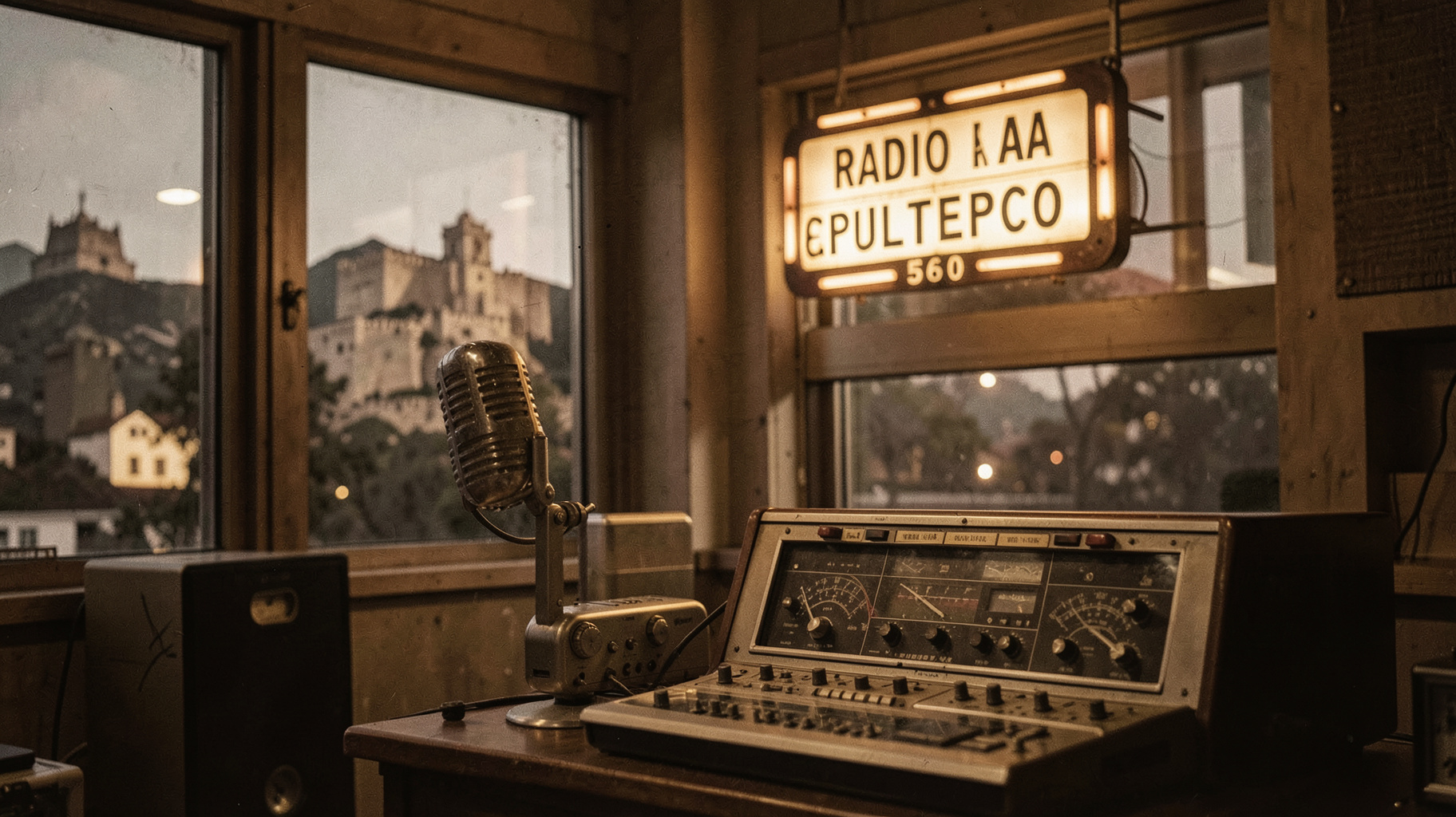 A vintage 1958-style Mexico City AM radio studio with a glowing Radio Chapultepec 560 sign and Chapultepec Castle visible through the window