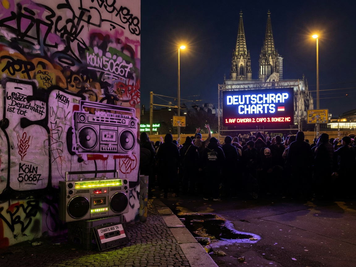 Urban German street scene with graffiti and Cologne Cathedral in the background, inspired by Deutschrap Charts by rautemusik