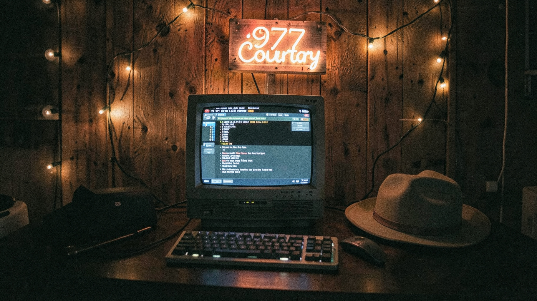 A nostalgic early-2000s home internet radio setup with a neon sign reading .977 Country