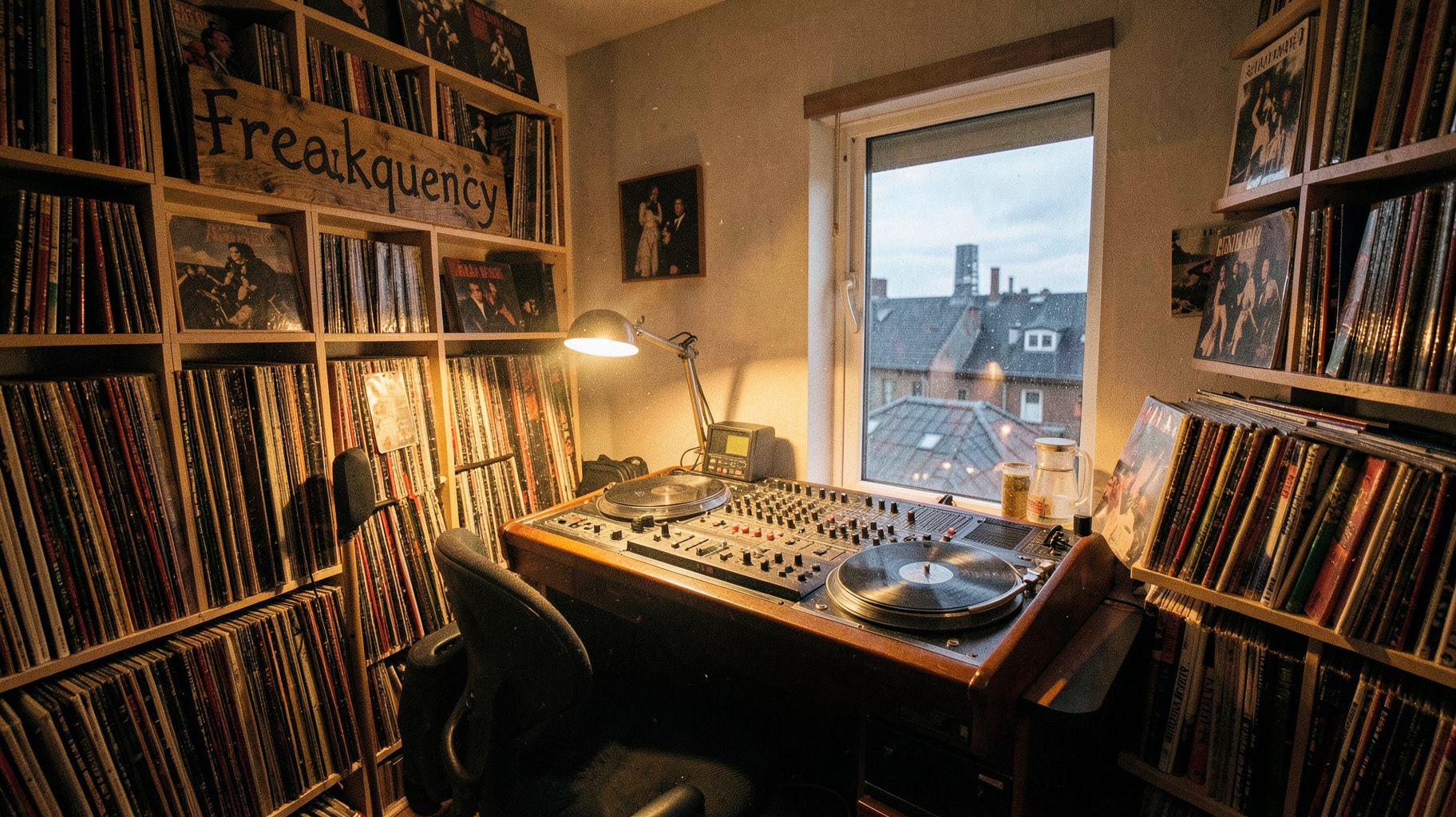 A vinyl-filled home radio studio with a vintage mixing desk and a hand-painted sign reading Freakquency