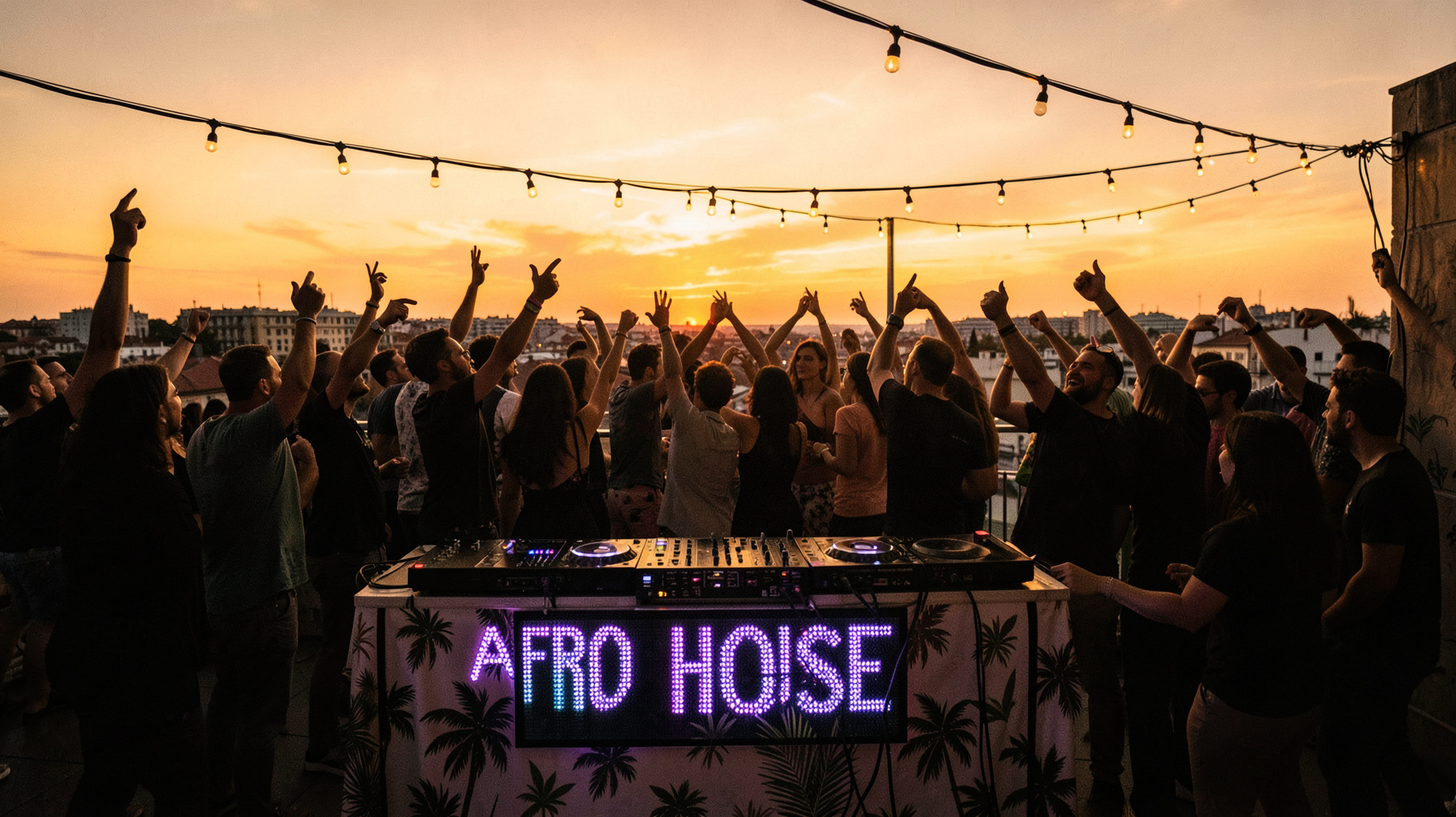 A golden-hour rooftop dance party in Germany with a DJ booth displaying AFRO HOUSE on an LED screen