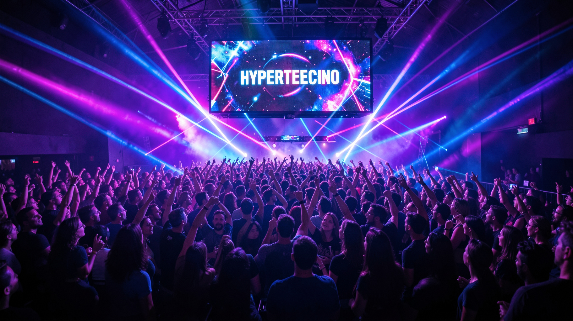 Packed German mega disco crowd under lasers with a HYPERTECHNO LED screen