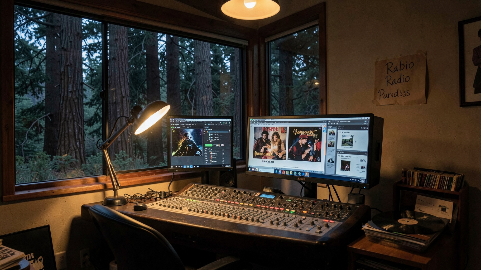 A cozy home studio at night surrounded by California redwoods with a handwritten sign reading Radio Paradise
