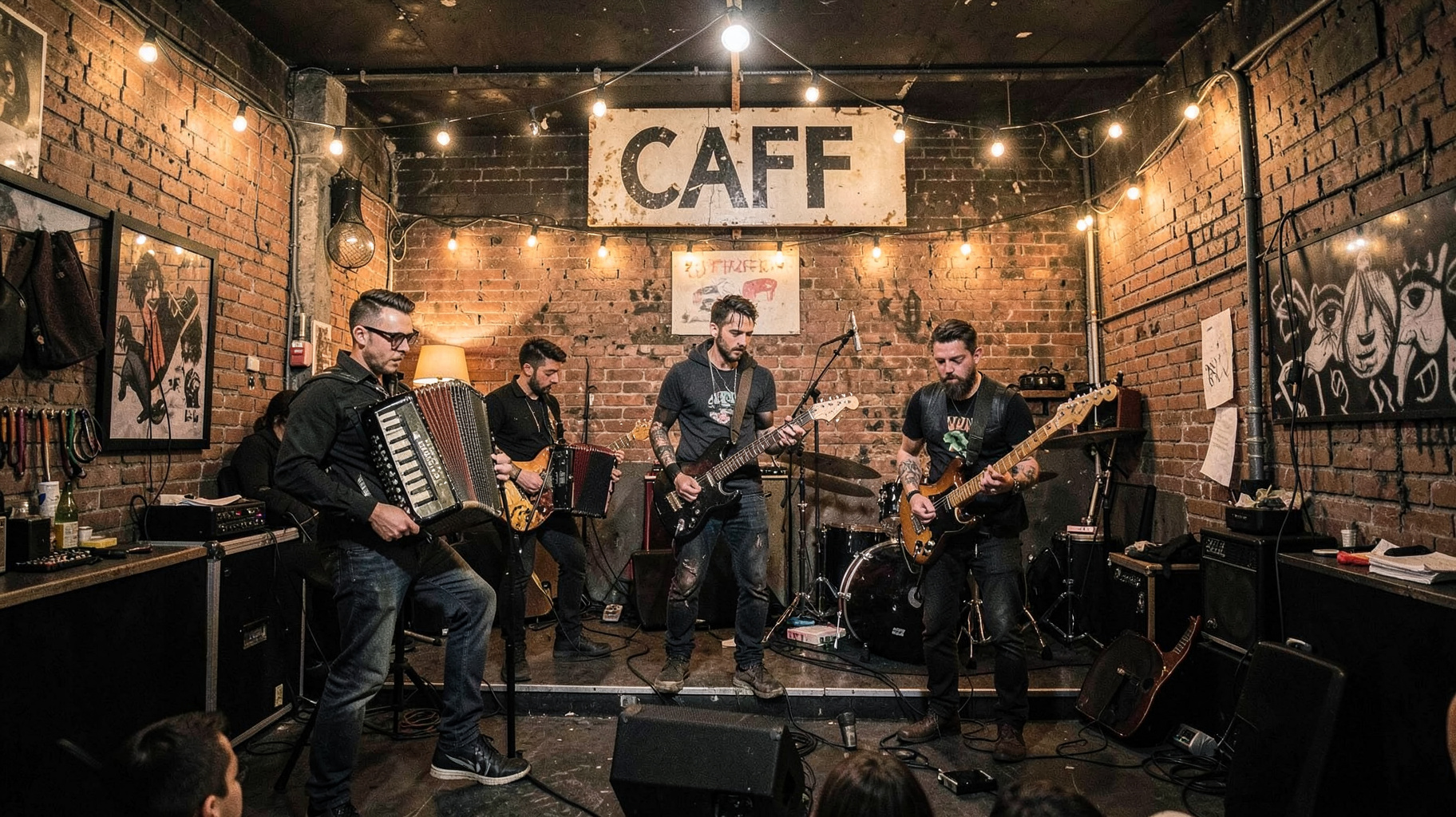 A punk tango orchestra performing in a converted mechanic