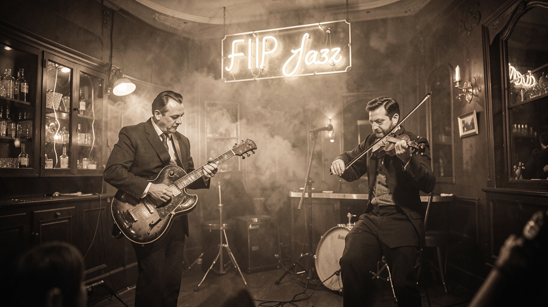 A smoky 1930s Paris jazz club with a guitarist and violinist on stage, a neon sign reading FIP Jazz above the bar