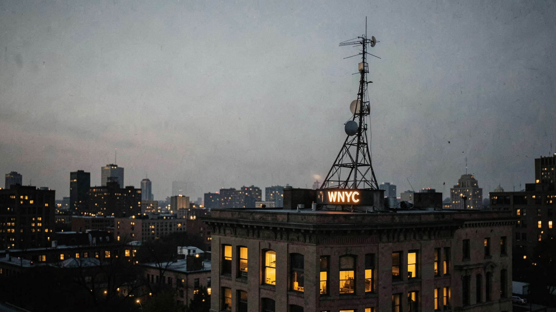The Manhattan Municipal Building at dusk with a vintage radio antenna and a sign reading WNYC, inspired by WNYC New York Public Radio