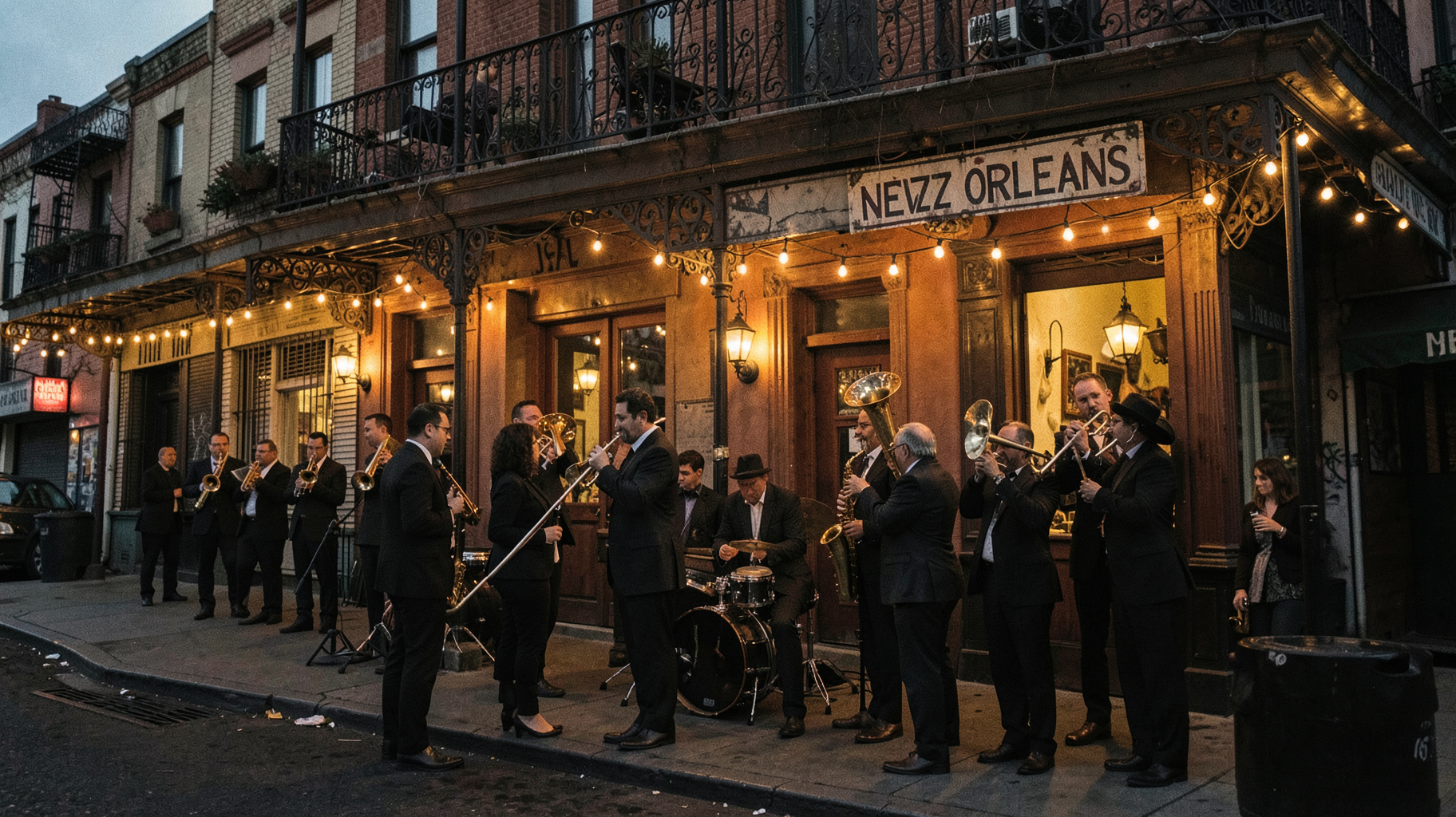 A New Orleans jazz street scene at dusk in the French Quarter