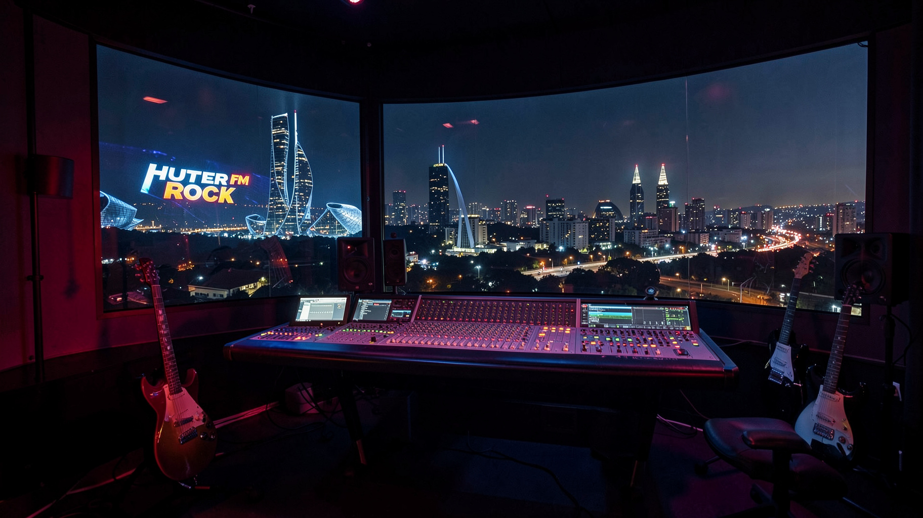 Radio studio at night overlooking Brasília