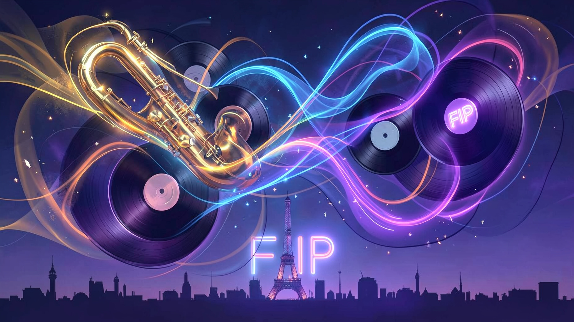 An abstract visualization of eclectic music genres blending together with a Paris skyline silhouette and a neon sign reading FIP