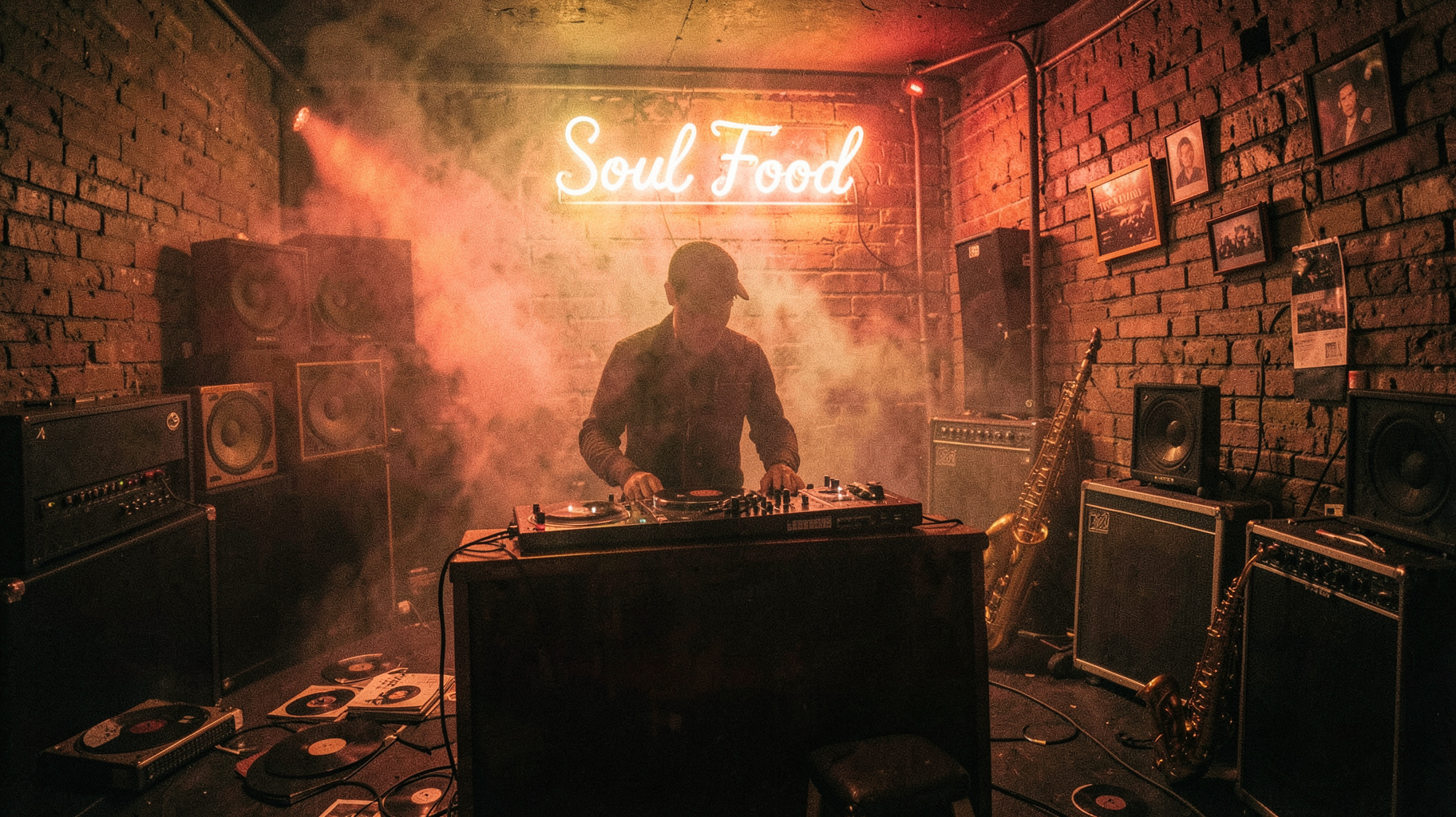 A smoky Lyon soul club with a DJ behind the decks under a Soul Food neon sign