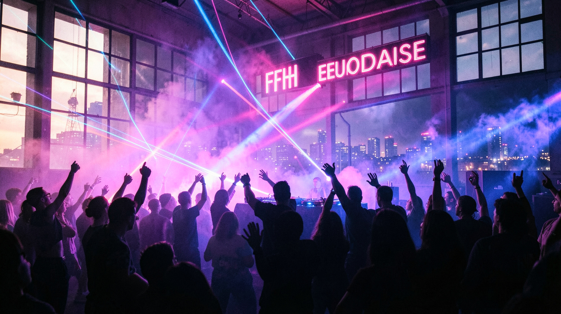 A 1990s rave scene with laser lights and the Frankfurt skyline glowing behind a DJ booth, a neon sign reading FFH Eurodance
