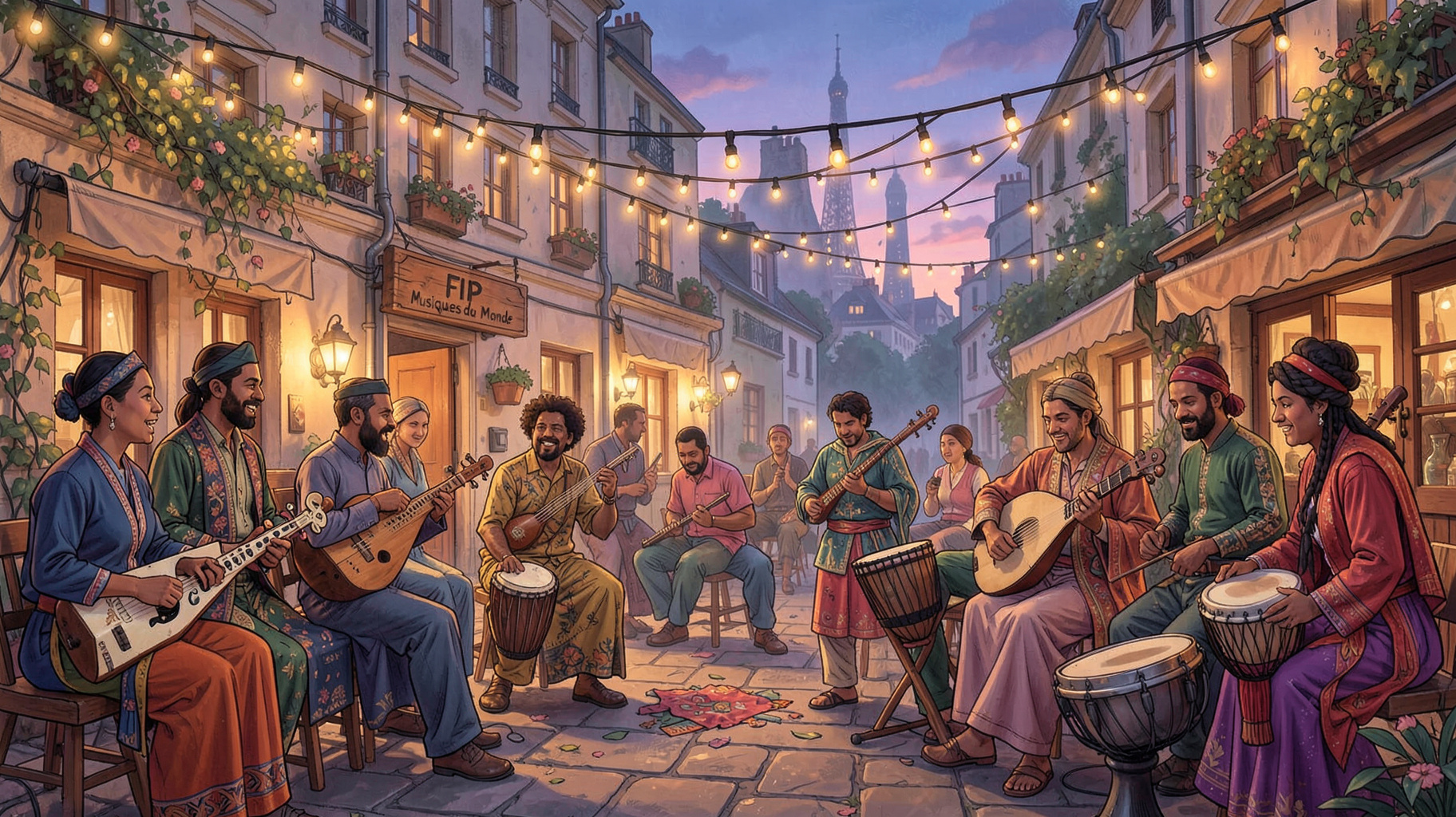 Musicians from different cultures playing sitar, kora and djembe together in a Parisian courtyard at dusk