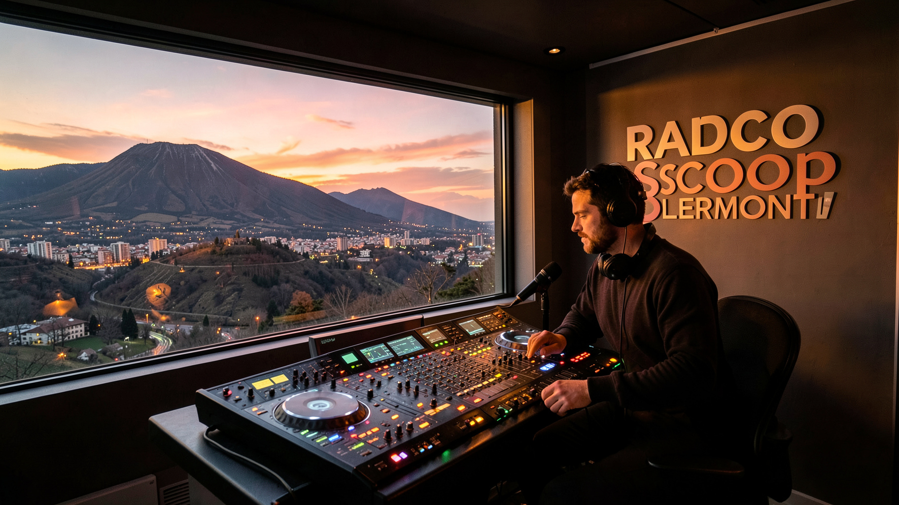 A French radio studio overlooking the volcanic Puy de Dôme hills near Clermont-Ferrand at sunset with on-air lights glowing