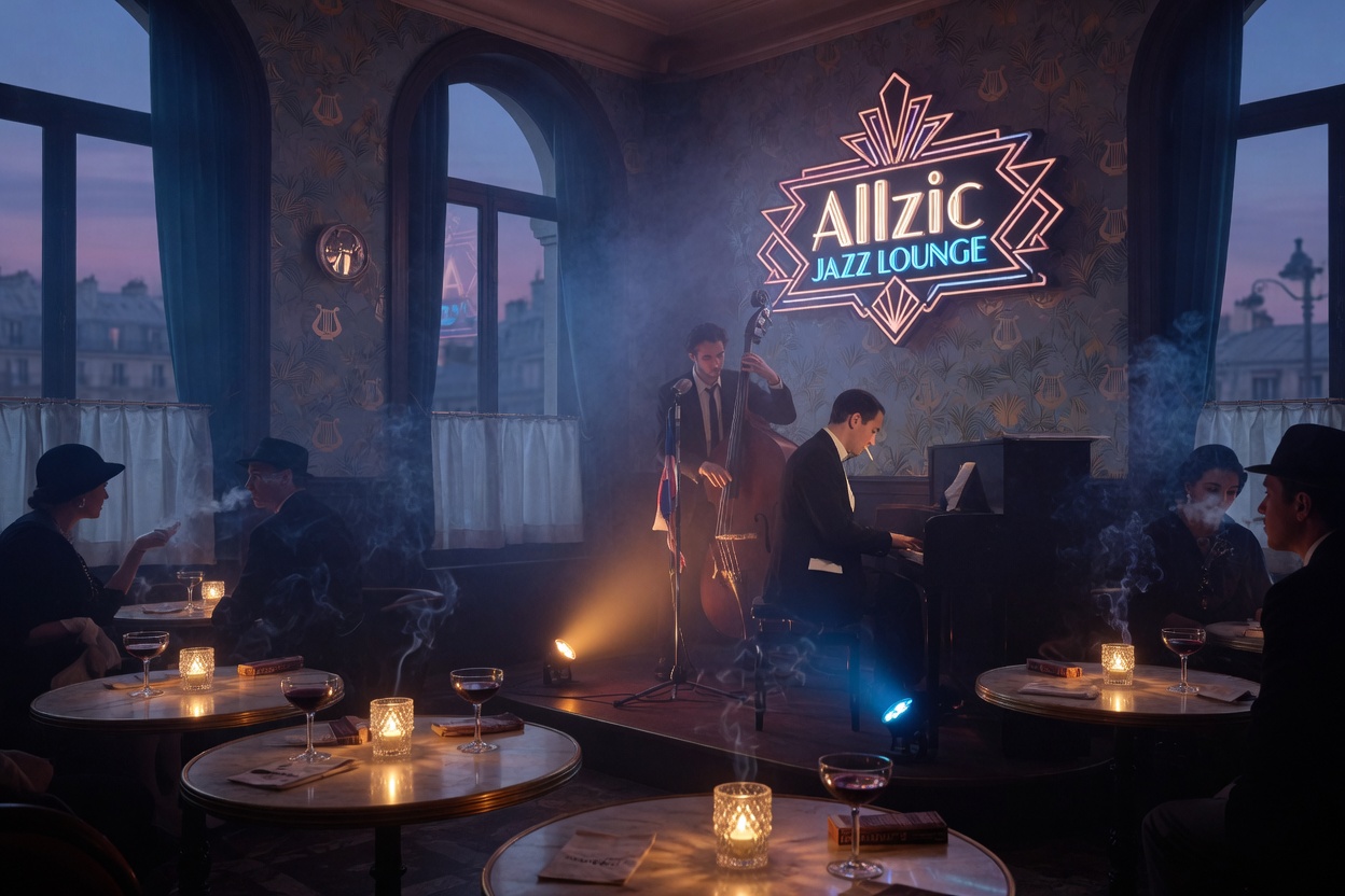 Sophisticated Paris jazz lounge at dusk, candlelight, double bass player and pianist on a small stage with an art deco Allzic Jazz Lounge sign
