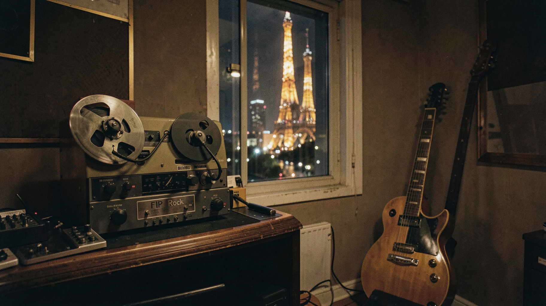 A 1970s Parisian recording booth with a vintage tape machine and guitar, the Eiffel Tower lit up through the window