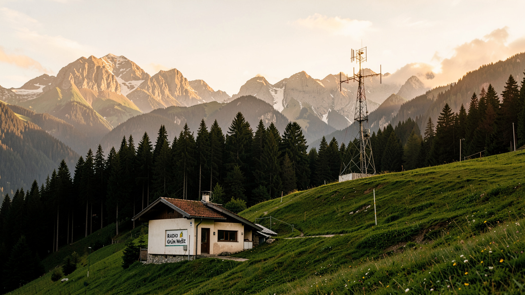 A small radio transmission mast on a green Alpine hillside in Upper Styria with a sign reading Radio Grün Weiß