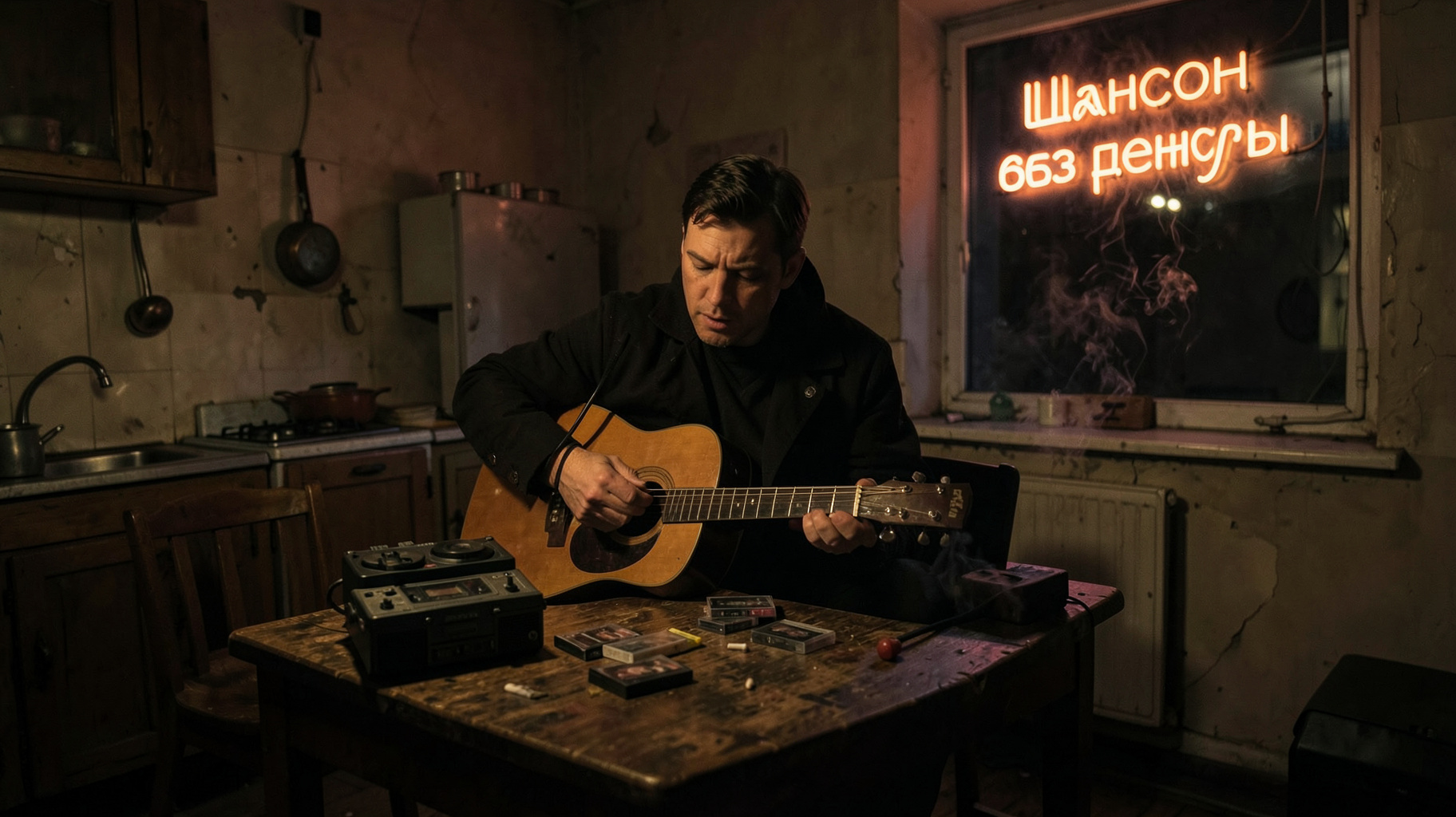 A dimly lit Soviet-era kitchen scene with a lone guitarist and a faded sign reading Шансон без цензуры